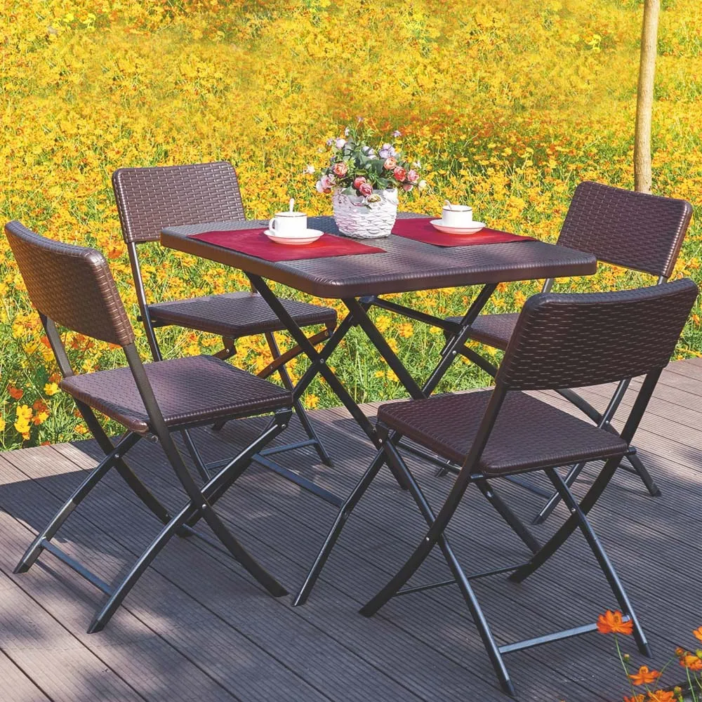 Set Tavolo + 4 Sedie Pieghevole Arredo Esterno Giardino in Polyrattan Coffee