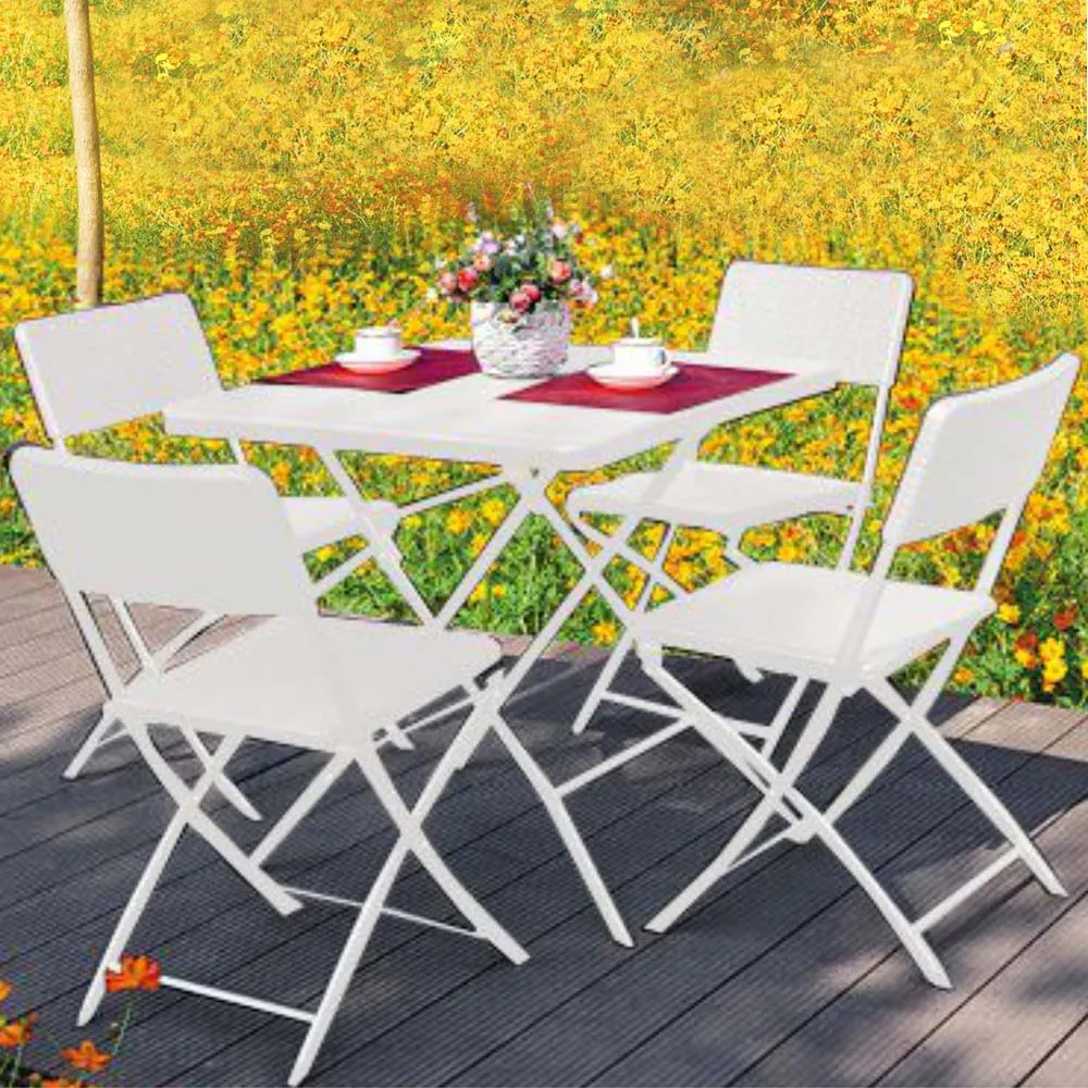 Set Tavolo + 4 Sedie Pieghevole Arredo Esterno Giardino in Polyrattan Bianco