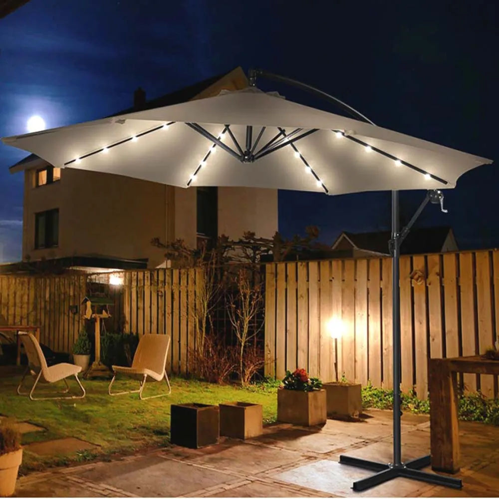 Ombrellone Giardino 3mt con Luce LED Solare Palo Decentrato con Carrucola Ecru