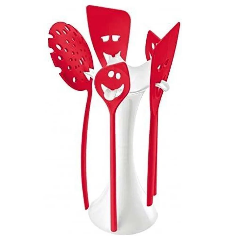 Set Attrezzi Mestoli Utensili da Cucina 6pz in Plastica Rossa con Supporto Rosso