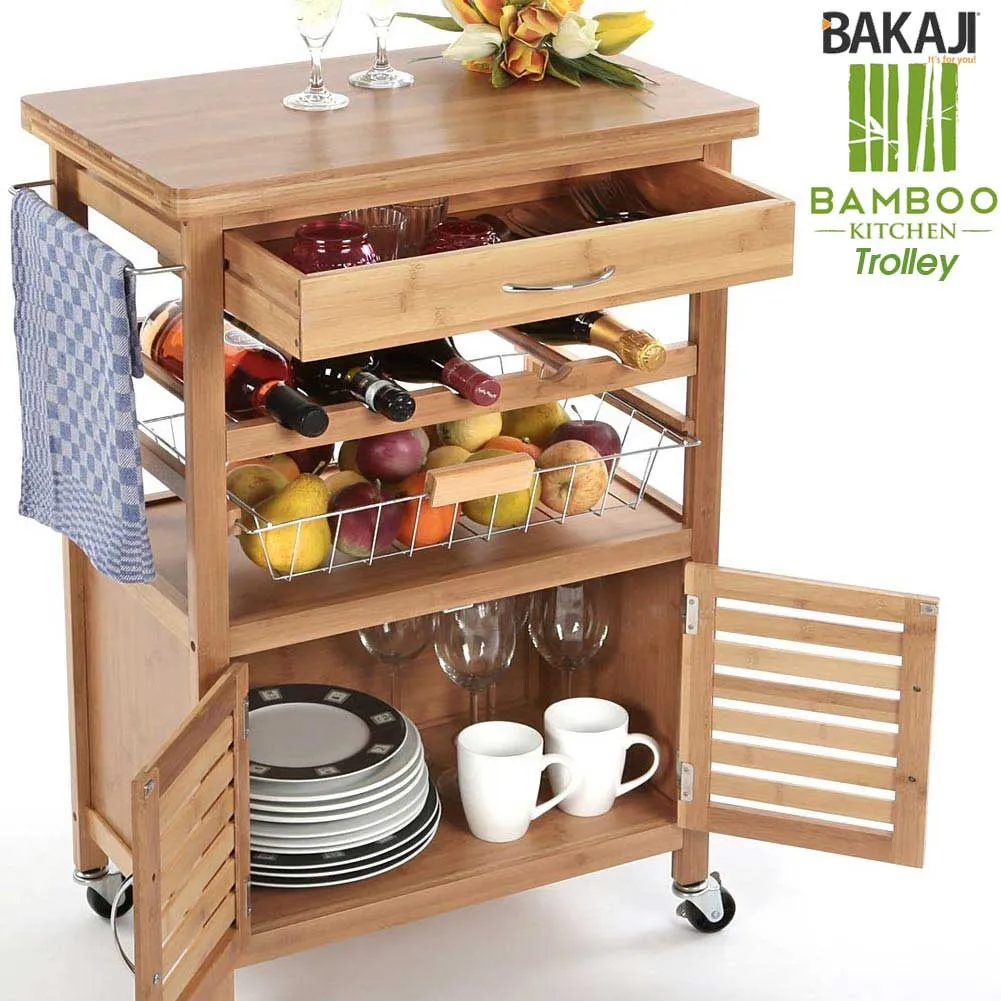 Carrello Cucina in legno BAMBU con Portabottiglie Cassetto Posate Cesto Acciaio