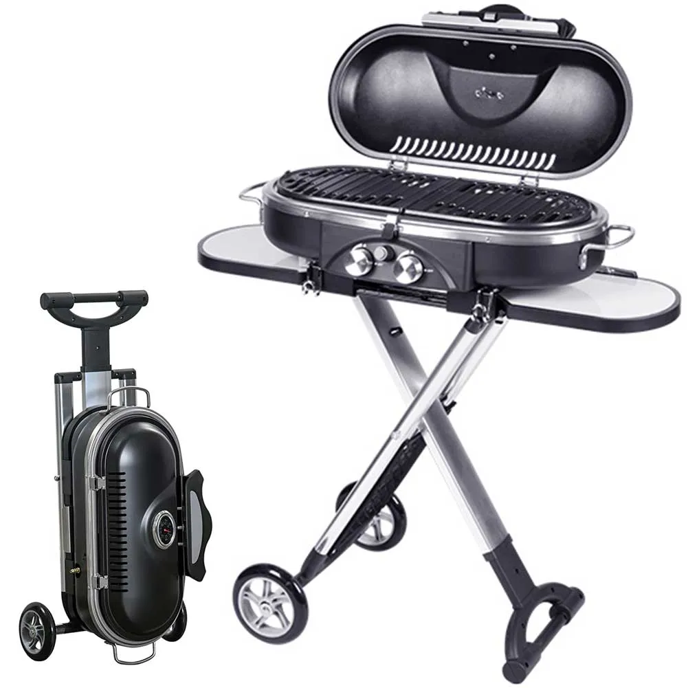 Barbecue Gas Pieghevole Trolley Richiudibile Griglia Portatile 2 Bruciatori Nero