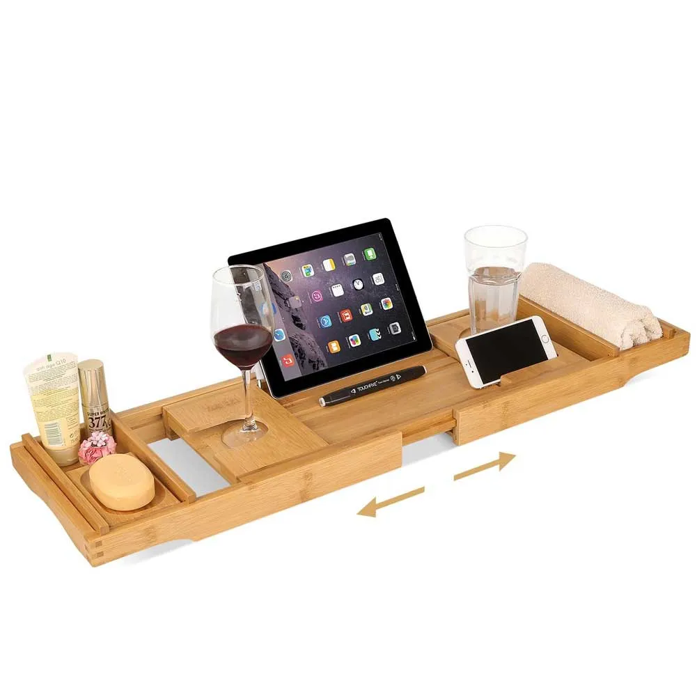 Tavolino Vassoio Vasca Bagno Regolabile Legno Bambu Supporto Tablet Scomparti