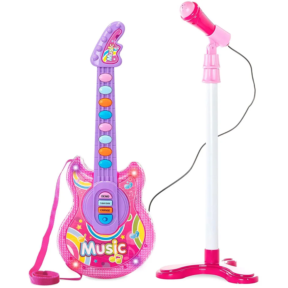 Chitarra Elettrica + Microfono Karaoke Giocattolo Bambini Luci Attacco Aux Rosa