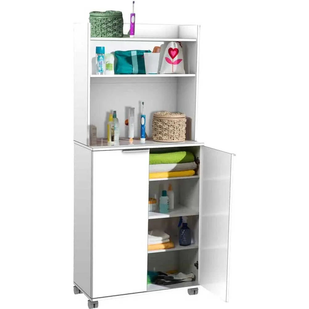 Mobile Scaffale 7 Ripiani Multiuso Casa Bagno Cucina In Legno Bianco Lucido