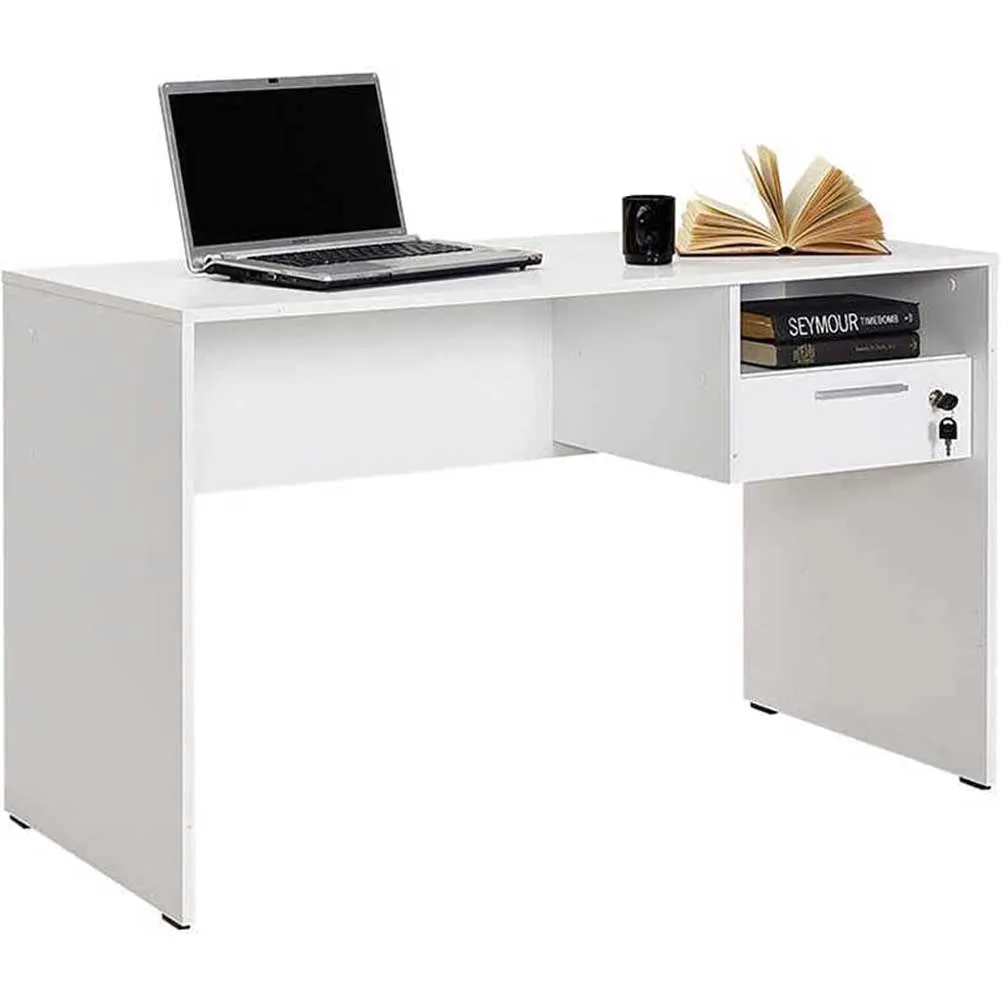 Scrivania con Cassettiera Ripiani Tavolo Porta Pc Computer Legno MDF Bianco