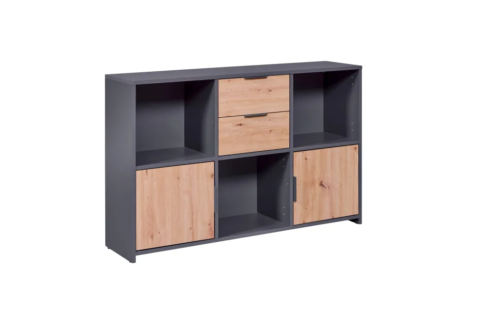 LIBRERIA PEPETO 2 PORTE + 2 CASSETTI 120x30x77CM LAMINATO GRIGIO E QUERCIA ARTISAN