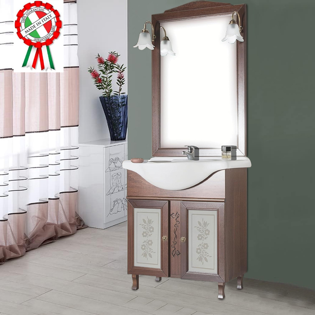 Mobile Da Bagno Noce Completo Modello Giada Ante Vetro 75cm Legno con Specchio (1)