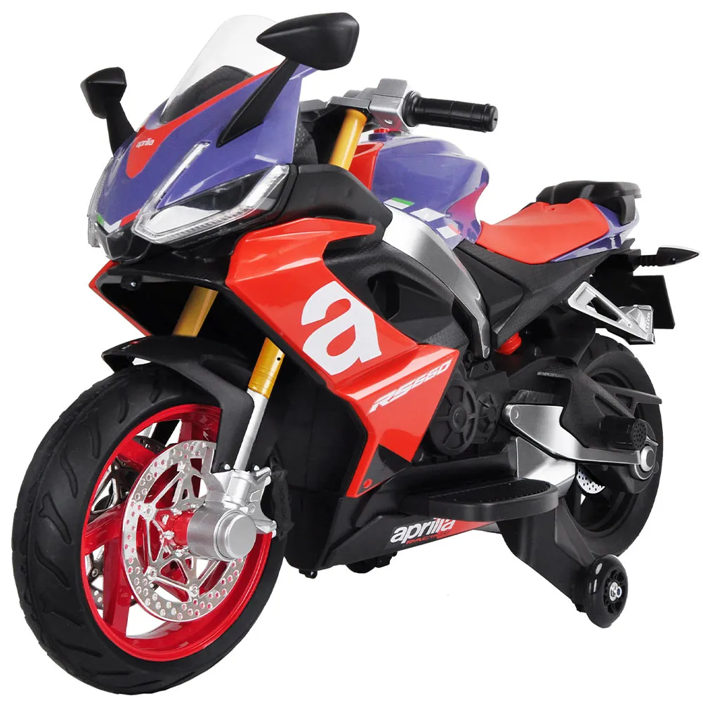 Moto Elettrica per Bambini APRILIA 12V Ruote Ausiliari Antiscivolo Luci e Suoni