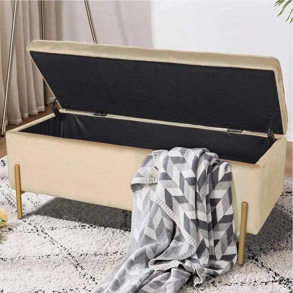 Cassapanca Pouf Contenitore Panca Sgabello Poggiapiedi in Tessuto Velluto Beige