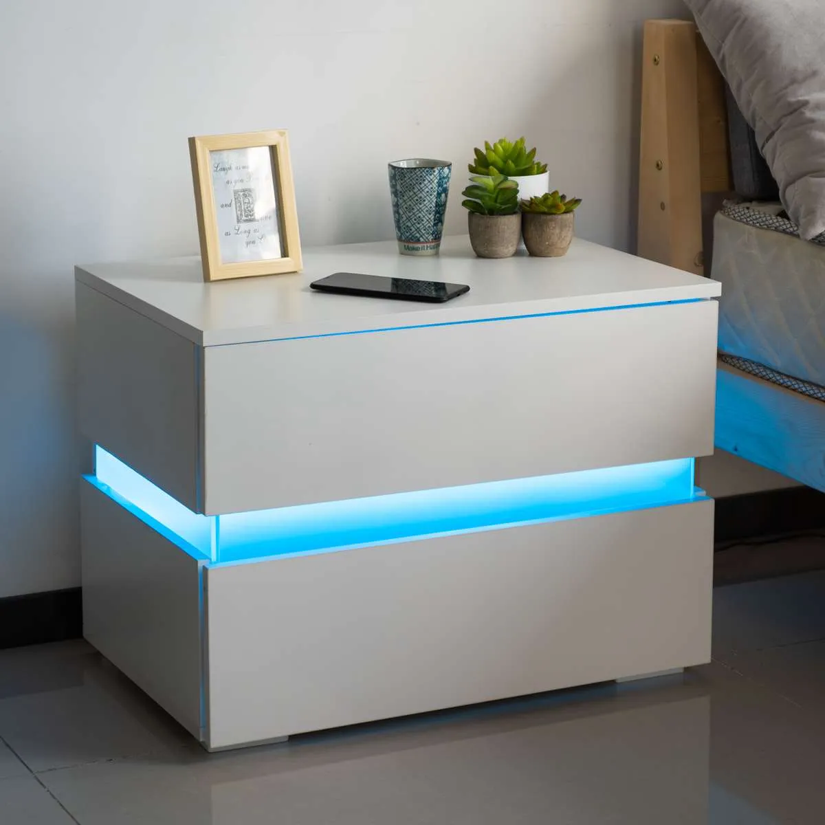 Comodino Mobiletto Cassettiera 2 Cassetti Design Con Led in legno MDF Bianco