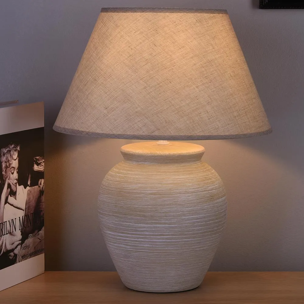 Lampada da Tavolo Lume Comodino Ceramica Tessuto Beige Design Moderno Abatjour