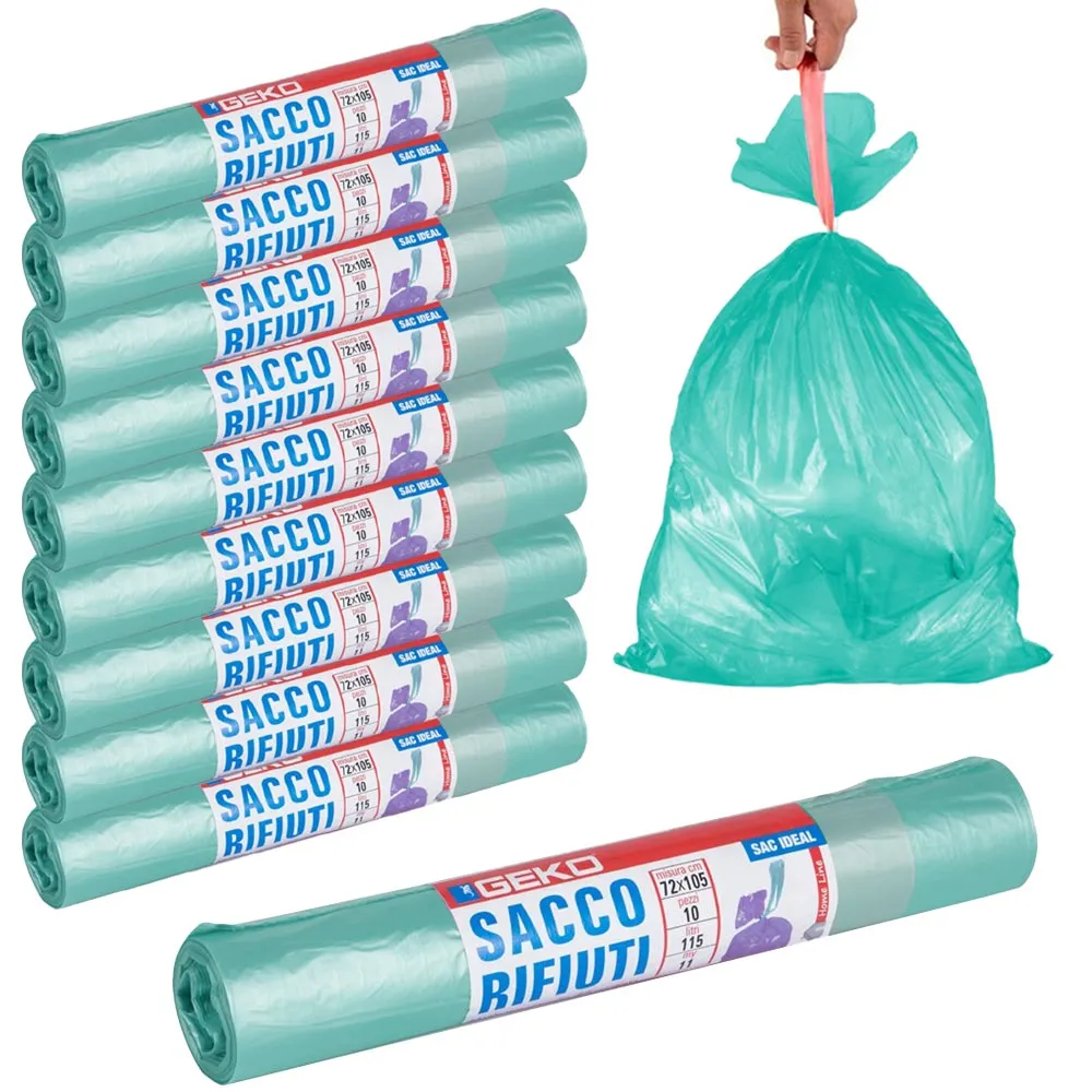 10 Rotoli Sacchetti Buste Spazzatura 115Lt 72x105 Chiusura Laccetto Verde 100pz