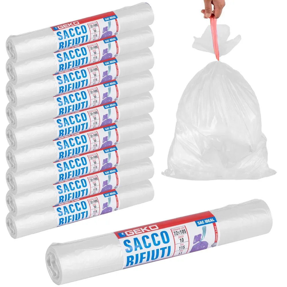 10 Rotoli Sacchetti Buste Spazzatura 115Lt 72x105 Chiusura Laccetto Bianco 100pz