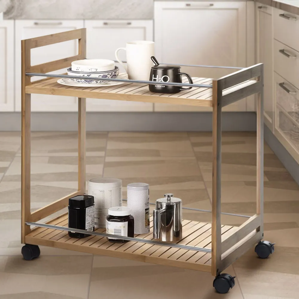 Carrello Cucina Salvaspazio 2 Scomparti Legno Bambu Carrellino di Servizio