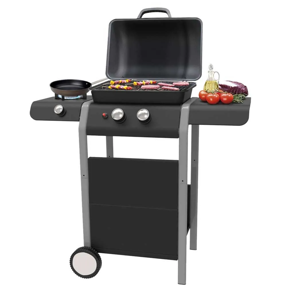 Barbecue a Gas 2 Bruciatori Griglia BBQ con Piano Laterale Fornello e Ruote 5kw