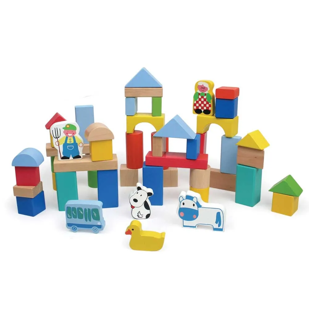 Costruzioni In Legno 50pz Blocchi Mattoncini Costruzione Bambini con Contenitore