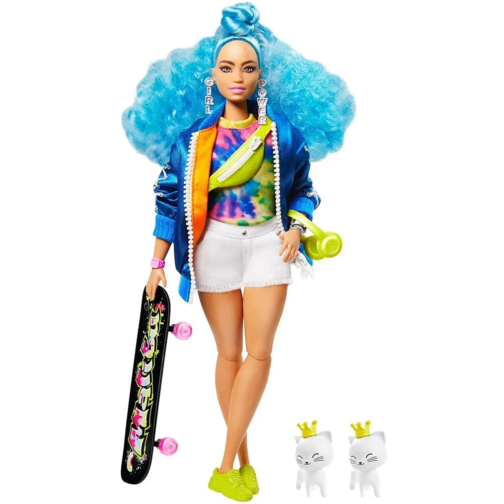 Barbie Extra Bambola Curvy Capelli Azzurri + Cucciolo Vestiti Moda + Accessori