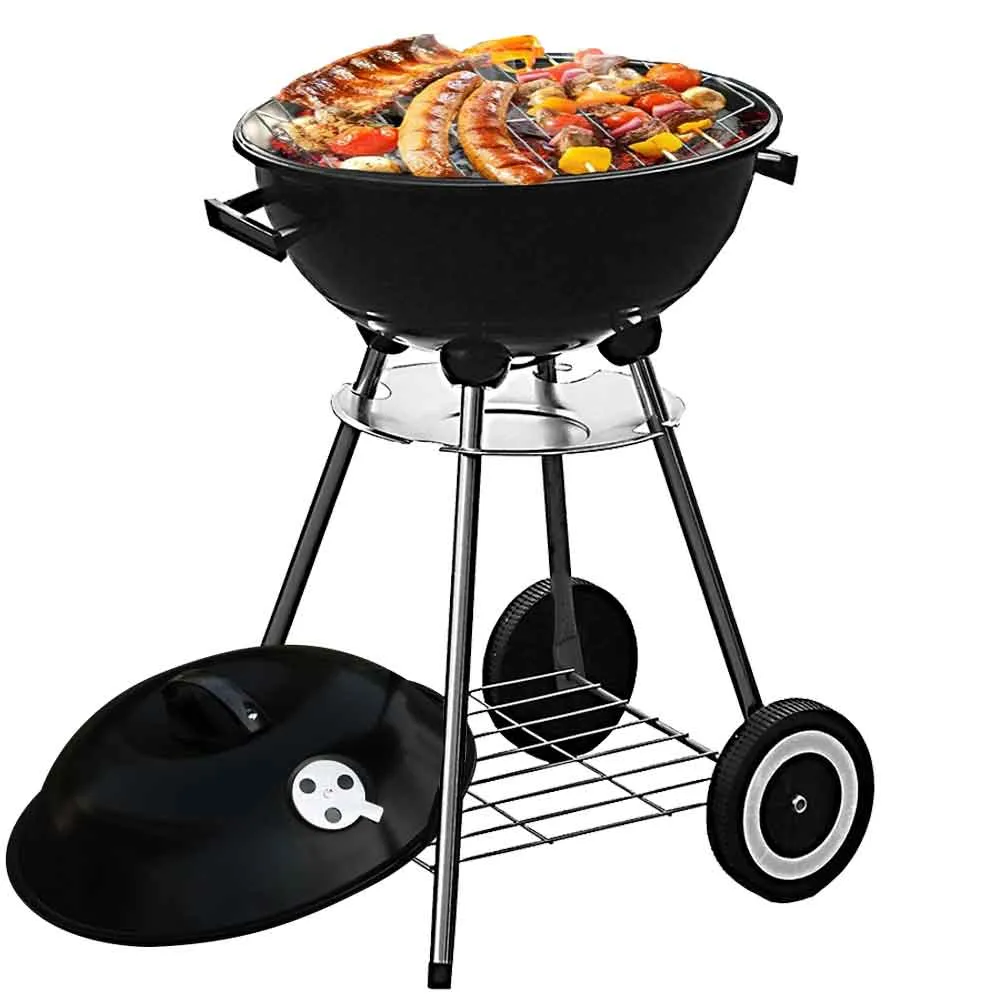 Barbecue a Carbone Griglia 45cm 2 Ruote Coperchio Raccogli Cenere e Ripiano