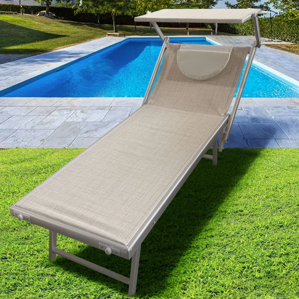 Lettino Prendisole Lido Alluminio Parasole e Cuscino Piscina Mare Giardino Beige