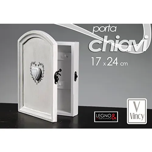 CASSETTA PORTACHIAVI DA PARETE IN LEGNO BIANCO CON CUORE STILE SHABBY CHIC