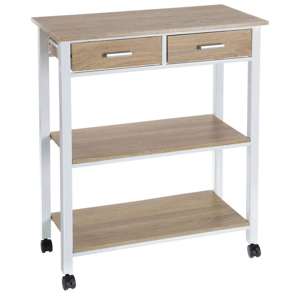 Carrello Da Cucina In Legno e Metallo Bianco Con 4 Ruote e 2 Cassetti 65x37x81cm