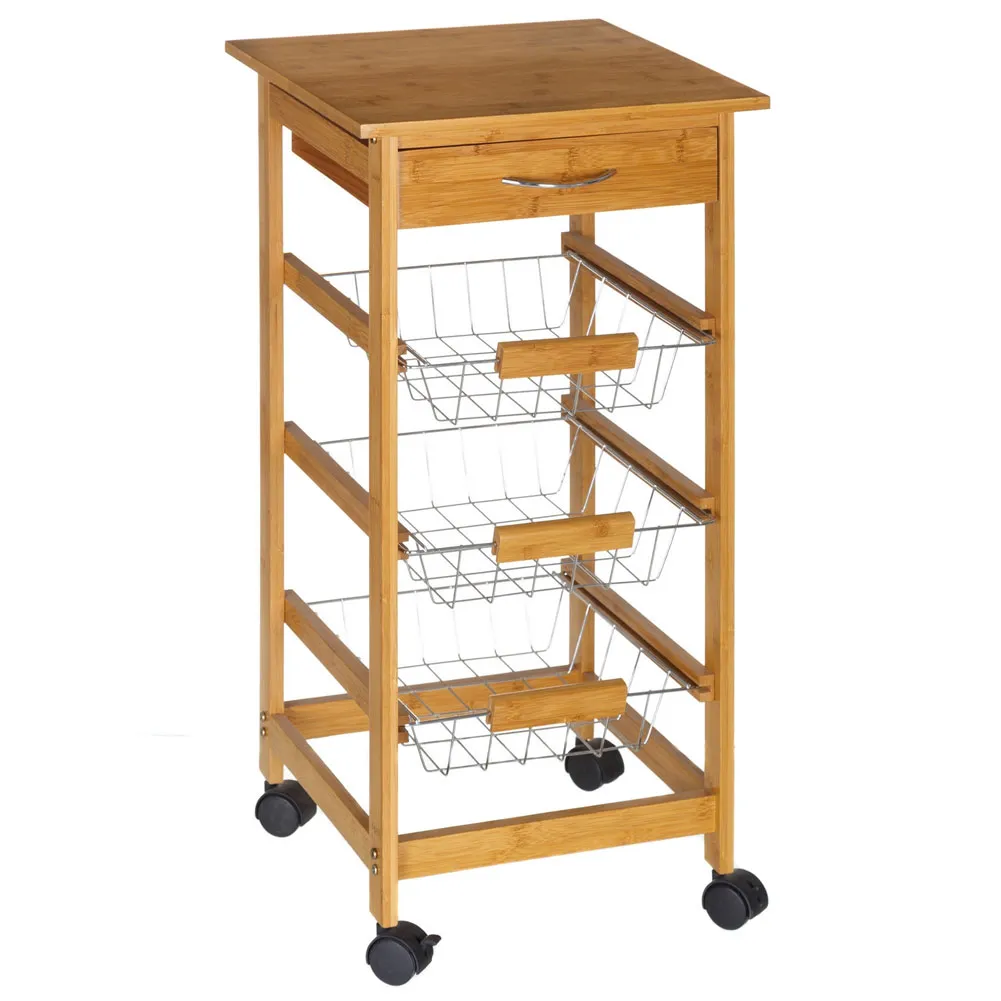 Carrello Cucina In Legno Con 3 Cestelli in Acciaio 4 ruote e Cassetto 37x37x70cm