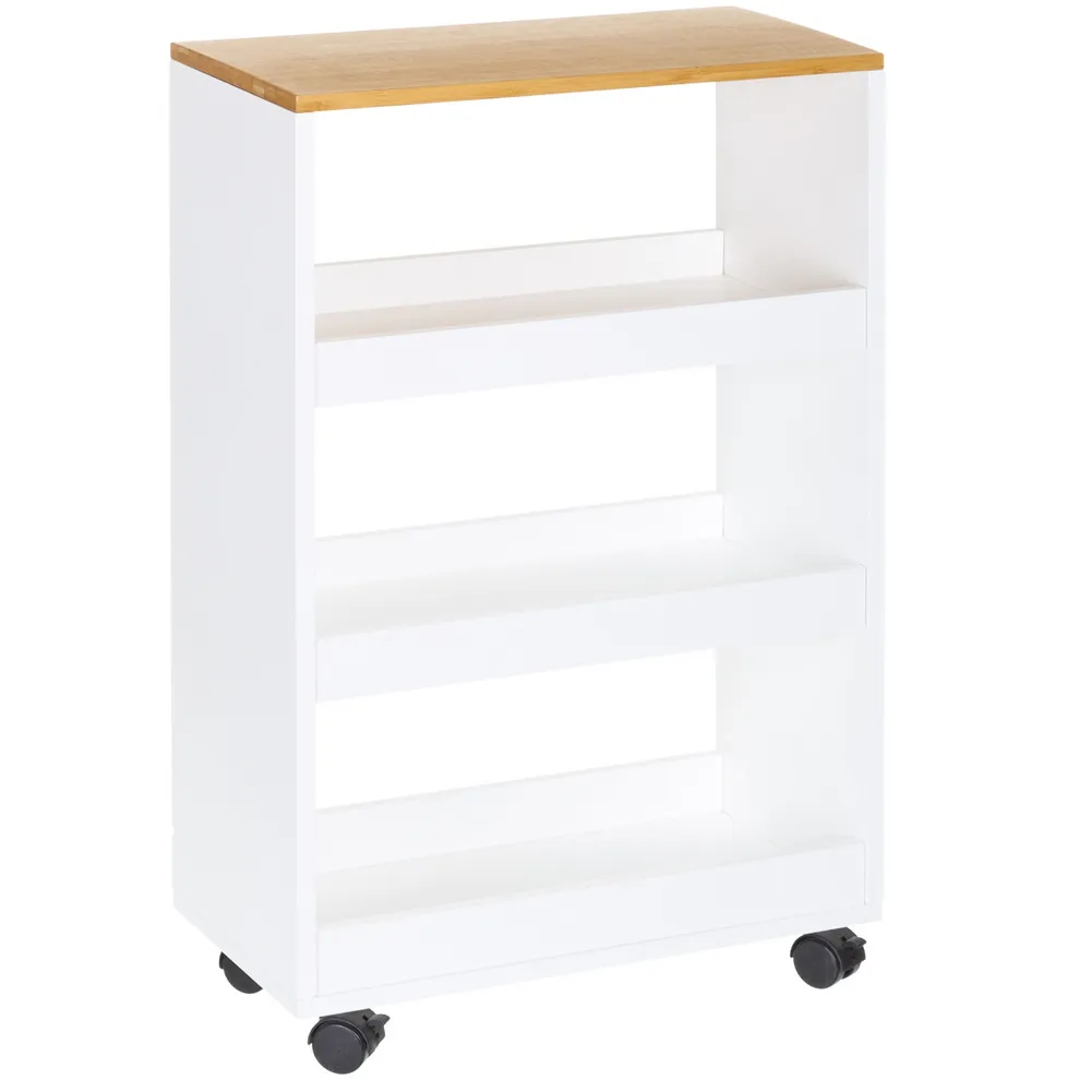 Carrello Cucina 3 Scomparti In Legno MDF Bianco e Bambu' Slim 4 Ruote 48x24x77