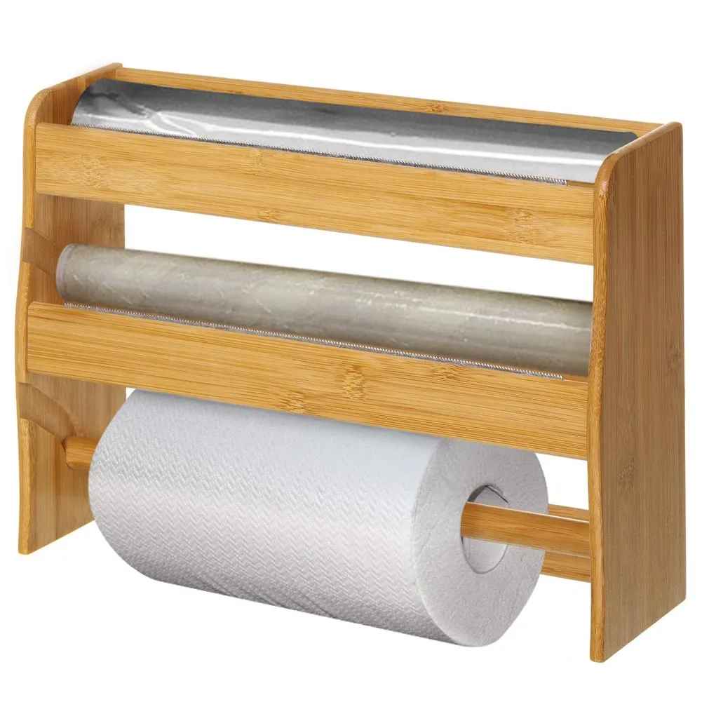 Portarotolo da Parete 3 Rotoli Cucina In Legno Bambu' Porta Scottex e Alluminio