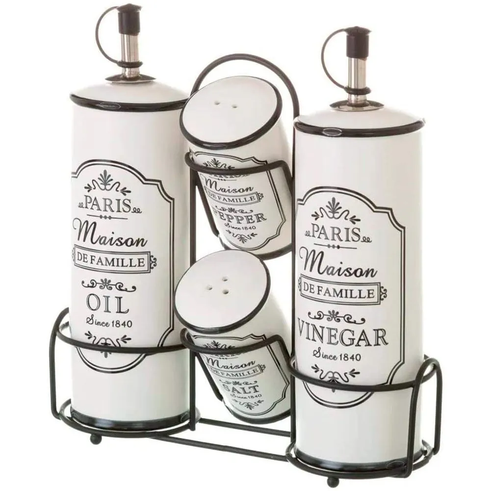 Set Oliera 4 Pezzi Olio Aceto Sale Pepe in Ceramica con Stand in Metallo Tavola