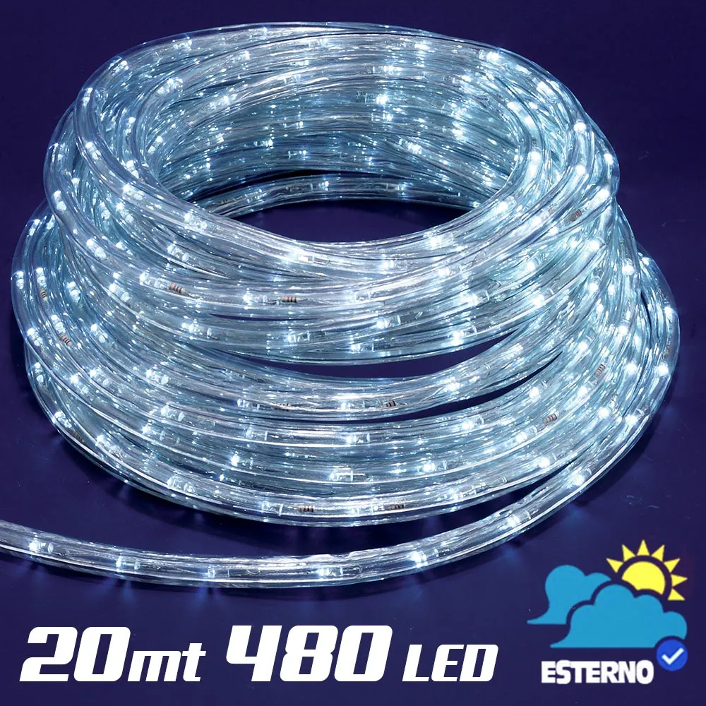 Tubo Luminoso 20 metri LED Bianco Freddo 480 Luci per interno e per Esterno