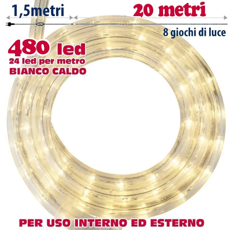 Tubo Luminoso 20 metri LED Bianco Caldo 480 Luci per interno e per Esterno