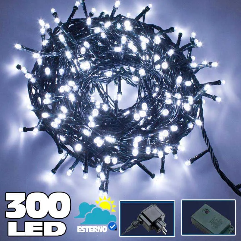 Catena Luminosa 300 LED Bianco Freddo Uso Interno Esterno Con Controller 8 Funz.