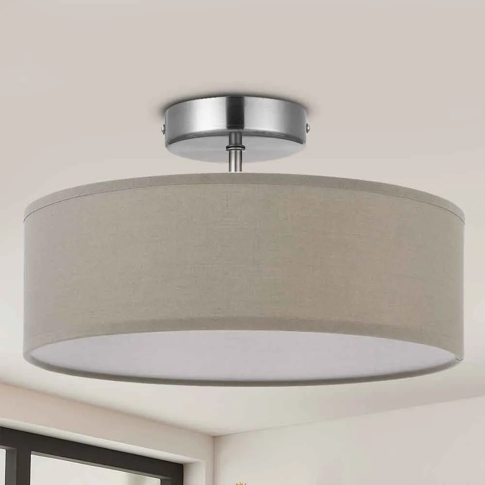 Lampadario Plafoniera 30cm Tessuto e Acciaio 2 Luci E14 Design Moderno Tortora