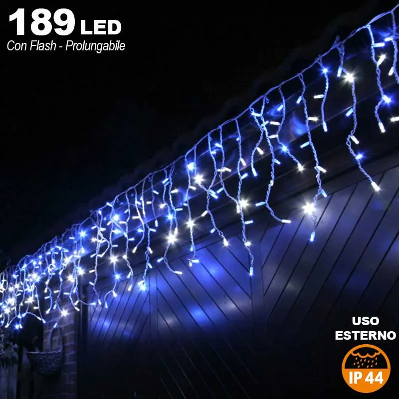 Tenda Cascata Luminosa BLU 510 x 90 cm Esterno Prolungabile Fino a 15MT 189 LED