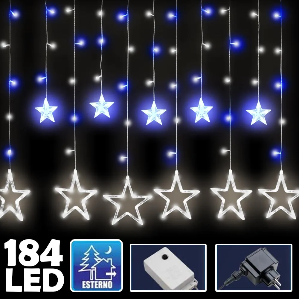 Tenda Luminosa Natalizia 184 LED cn Stelle Bianco e Blu 3mt Esterno Prolungabile