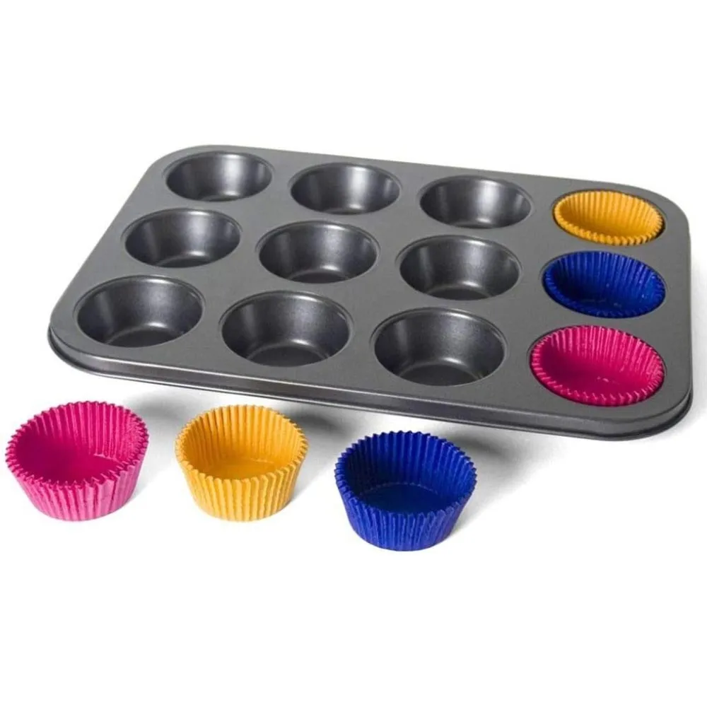 Stampo Teglia per 12 Muffin Cupcake in Acciaio Antiadere con Pirottini Colorati