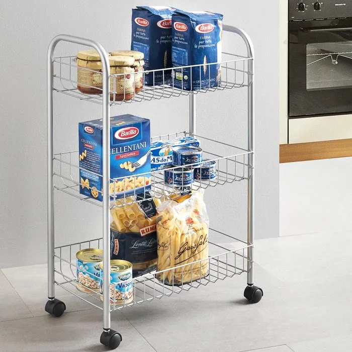 CARRELLO CUCINA 3 CESTINI METALLO CROMATO 4 RUOTE 41 x 26 x 64 cm SALVASPAZIO