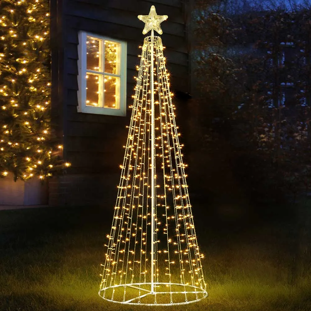 Albero Natale Luminoso 220cm 592 LED Bianco Caldo 8 Giochi Luce Metallo Esterno