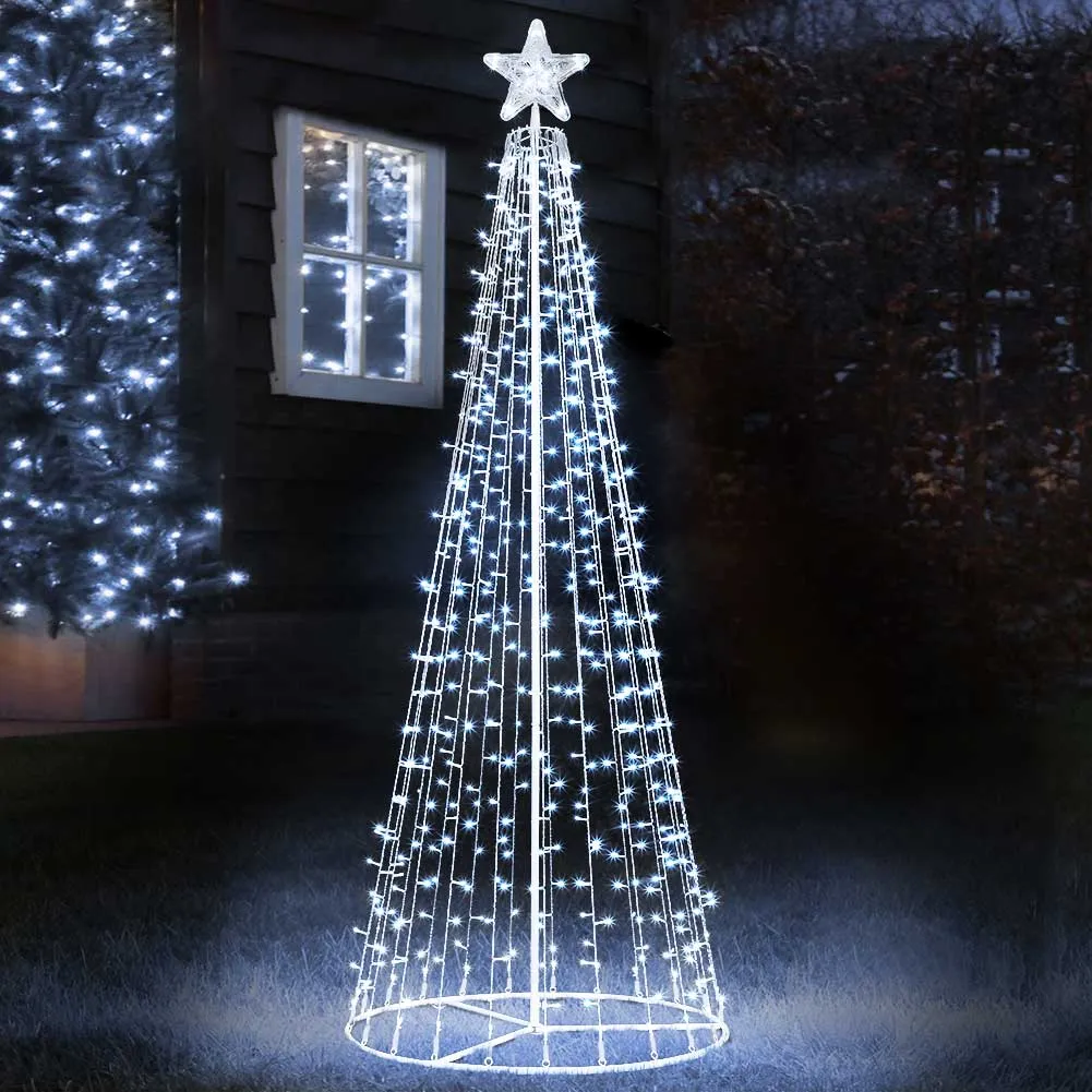 Albero Natale Luminoso 220cm 592 LED Bianco Freddo 8 Giochi Luce Metallo Esterno