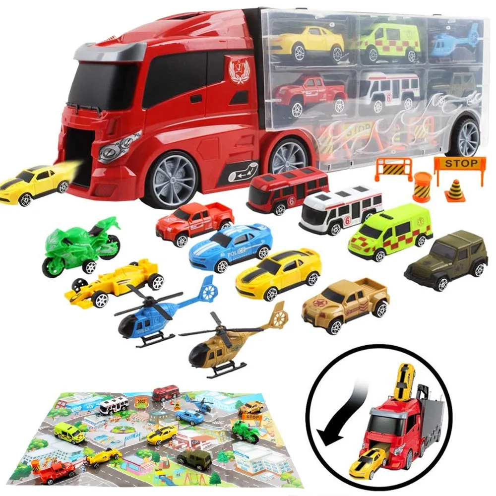 Camion Bisarca Porta Auto con 6 Macchinine Giocattolo Bambini con Mappa Gioco