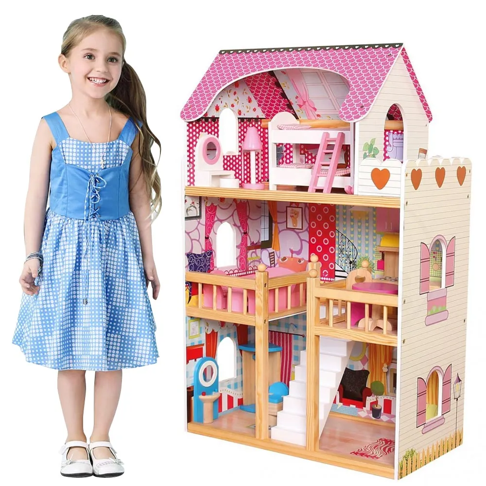 Casa Bambole in Legno Giocattolo Bambini 3 piani con Mobili e Accessori 60x30x90