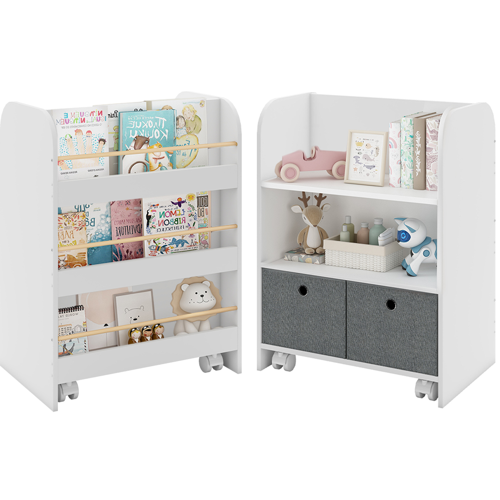 Libreria Montessoriana in Legno per Bambini con Ruote 2 in 1 Cassetti in Tessuto (1)