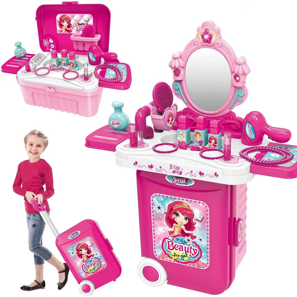 Specchiera Make-up Giocattolo Bambini Richiudibile Trolley Luci Suoni Accessori