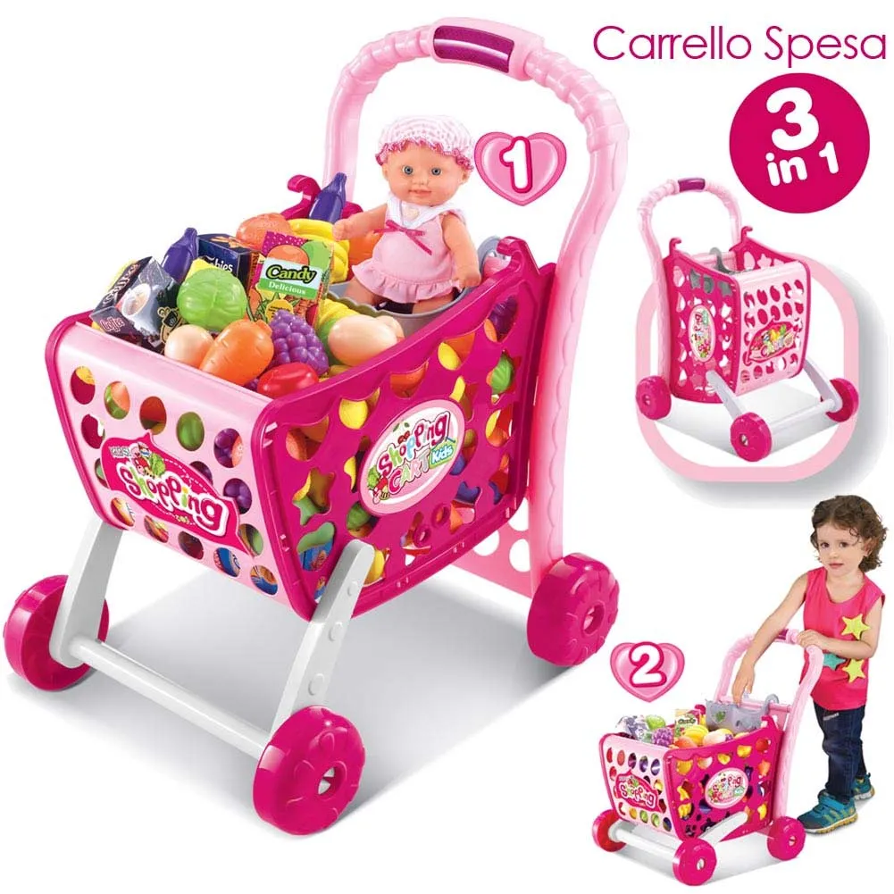 CARRELLO SPESA SUPERMARKET PER BAMBINA COLORE ROSA CON FRUTTA E VERDURA 3IN1 NEW