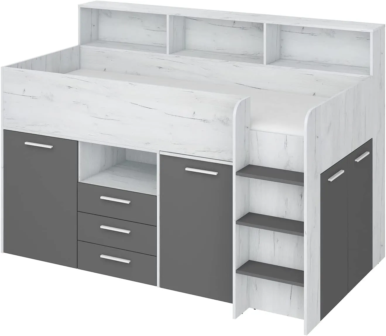 LETTO ARMADIO CASSETTIERE  BAMBINI NEO cm206x120x138h BIANCO GRAPHITE