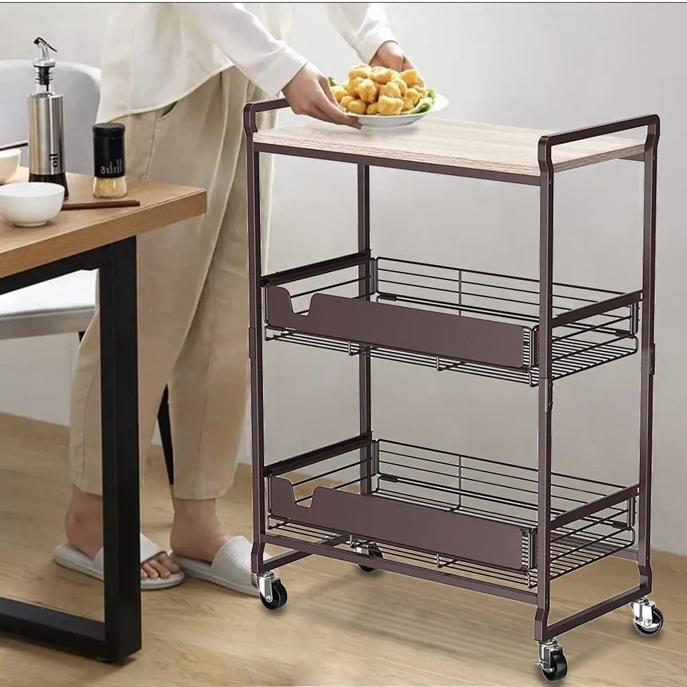 Carrello da Cucina 3 Ripiani con Ruote e 2 Cesti Portaoggetti 65x33x91cm Bronzo