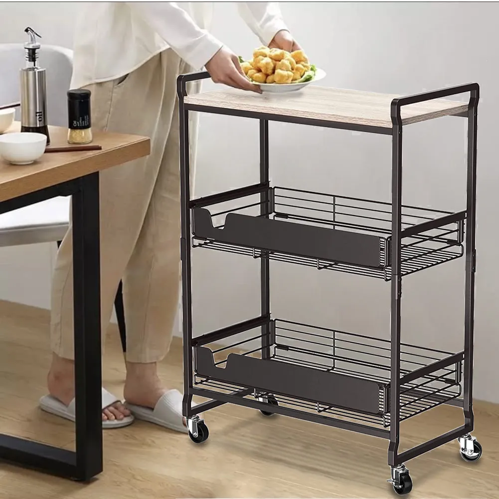 Carrello da Cucina 3 Ripiani con Ruote e 2 Cesti Portaoggetti 65x33x91cm Nero