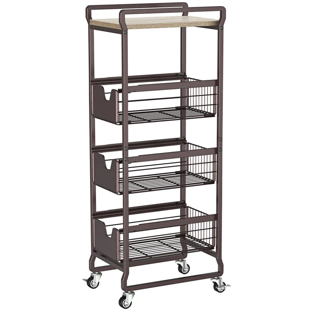 Carrello da Cucina 4 Ripiani con Ruote e 3 Cesti Portaoggetti 32x24x87cm Bronzo