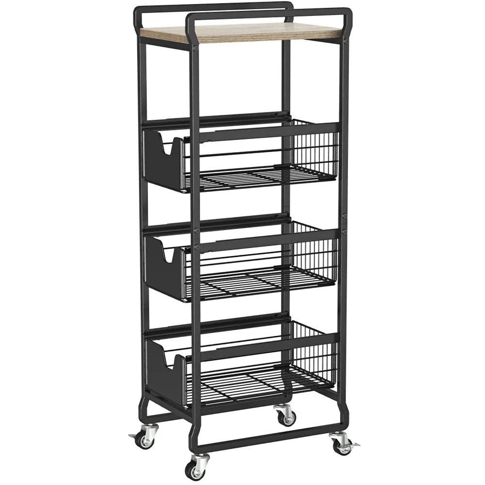 Carrello da Cucina 4 Ripiani con Ruote e 3 Cesti Portaoggetti 32x24x87cm Nero